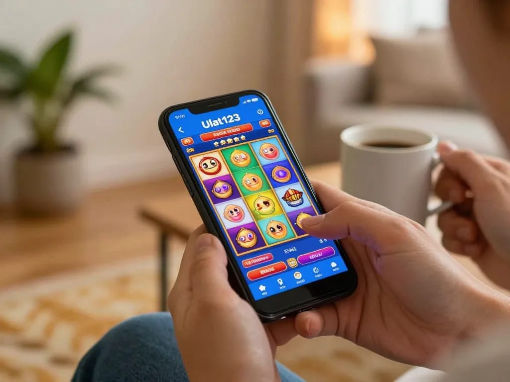 Pemain mengakses aplikasi Ulat123 untuk slot online yang menarik dalam suasana rumah yang nyaman