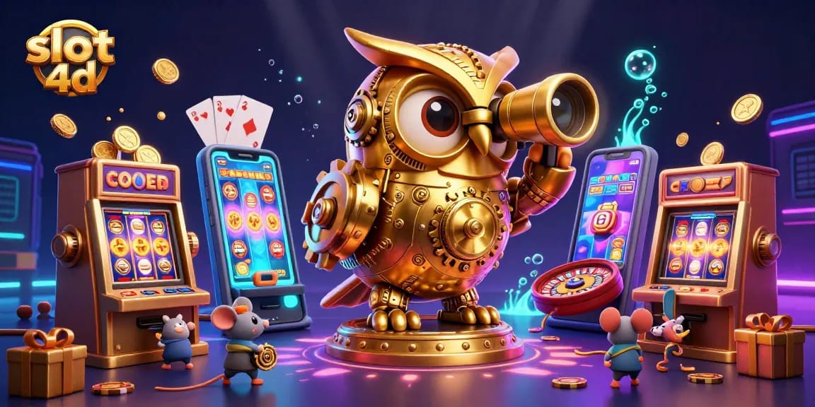 Engage with slot 4d action as a golden owl oversees a vibrant cartoon casino scene filled with excitement and rewards.