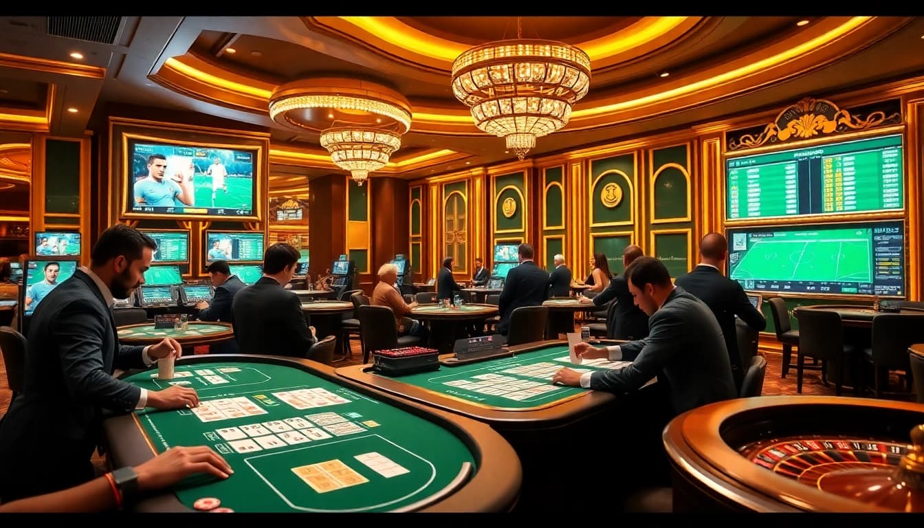 Strategic betting in the atmosphere of a luxury casino showing เทคนิคแทงบอล in action.