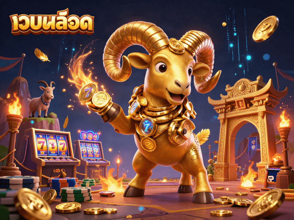 Experience the thrill of เว็บสล็อต with this vibrant and dynamic 3D casino illustration featuring a golden ram.