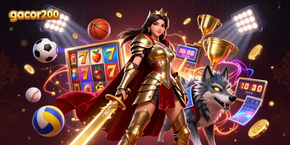 Experience winning excitement at gacor200 with a warrior queen and gaming elements in a vibrant casino scene.