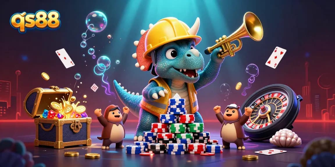 Experience thrilling gaming adventures at qs88 with a lively scene featuring cartoon dinosaurs and casino elements.