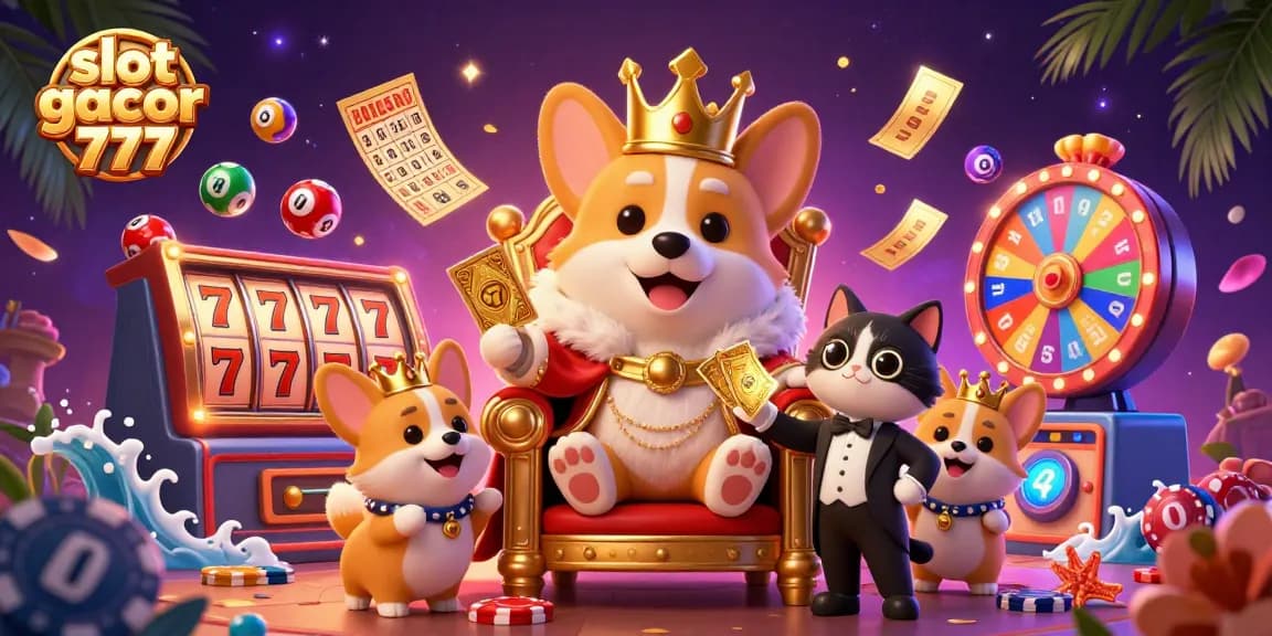 Experience the thrill of slot gacor 777 with a vibrant 3D illustration of royal corgi and exciting game elements.