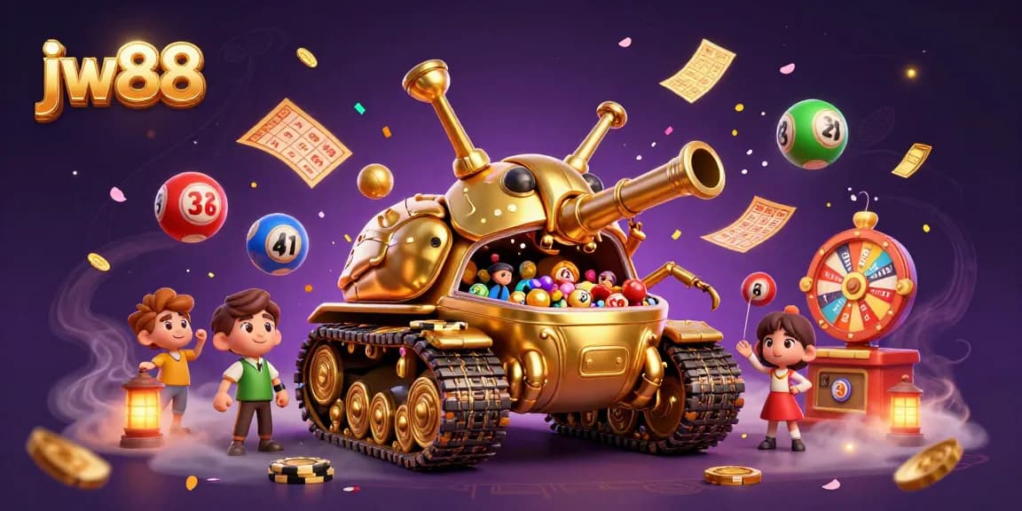 Experience exciting gaming at jw88 with a vibrant 3D illustration featuring dynamic lottery elements and a gold beetle casino.