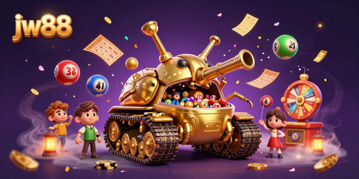 Experience exciting gaming at jw88 with a vibrant 3D illustration featuring dynamic lottery elements and a gold beetle casino.