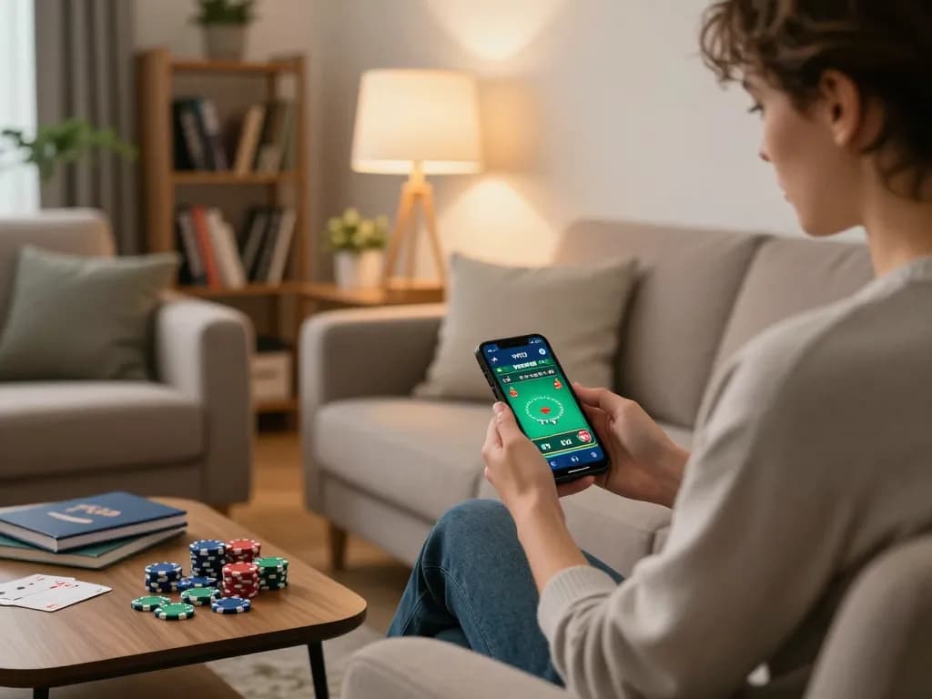 A person engaged with the vn23 app for online poker in a cozy home environment, displaying strategic gambling.