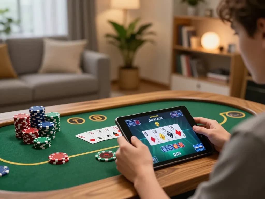 Engage in responsible gaming with GG88 as a player uses a tablet for poker games at home