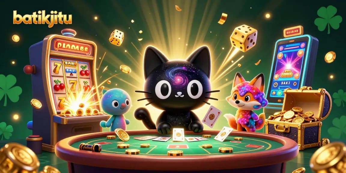 Bermain di batikjitu dengan ilustrasi kucing hitam yang menarik chip emas sambil dikelilingi mesin slot