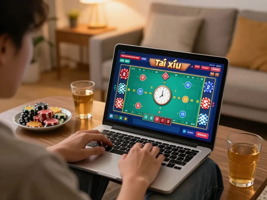 Tài xỉu online gameplay scene with a player engaged on a laptop in a cozy home setting.