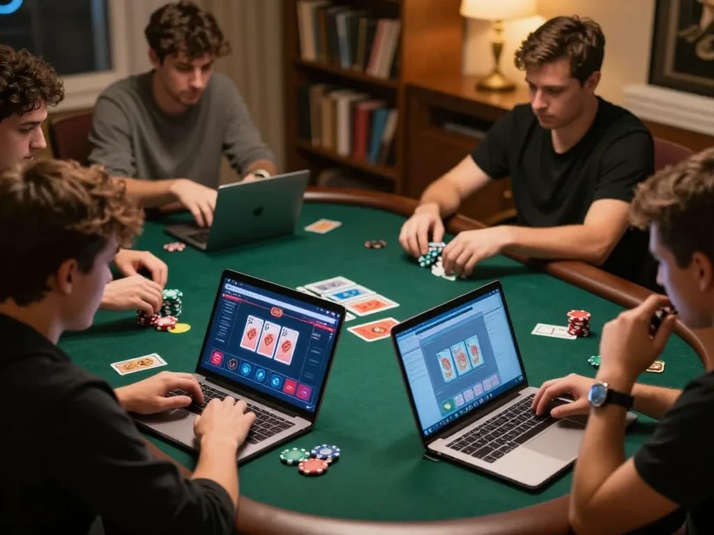 Players engaged in online poker, showcasing digital cards and chips, while ดูหนัง provides an entertaining gaming experience at home.