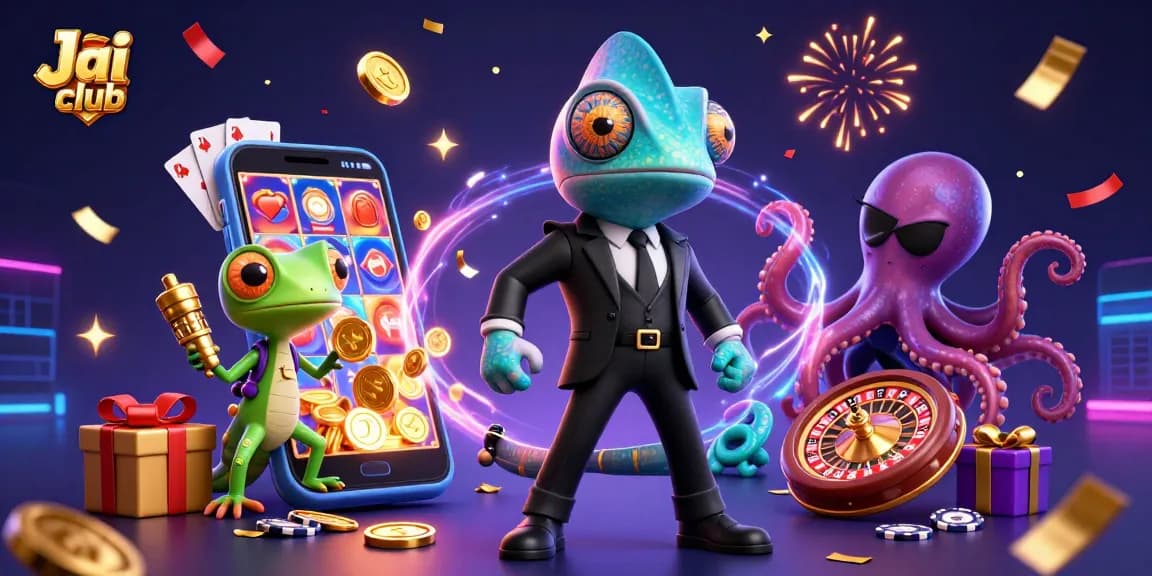 Engaging game action at Jai club featuring chameleon, gecko, and octopus in a vibrant casino scene.