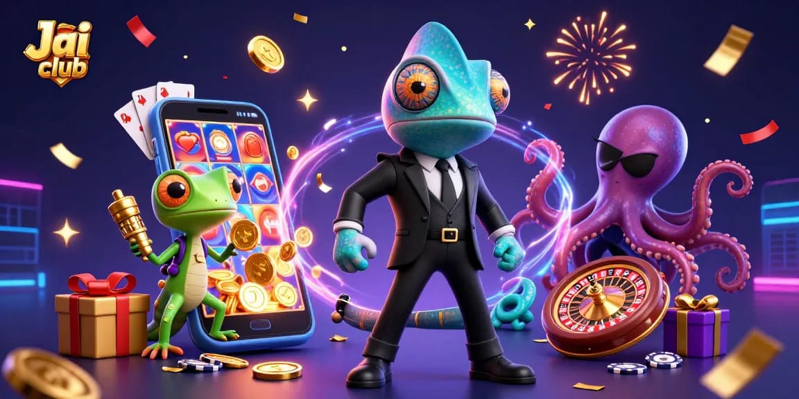 Engaging game action at Jai club featuring chameleon, gecko, and octopus in a vibrant casino scene.