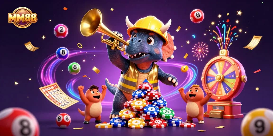 MM88 brings excitement as a triceratops builds poker chips amidst a vibrant casino celebration.