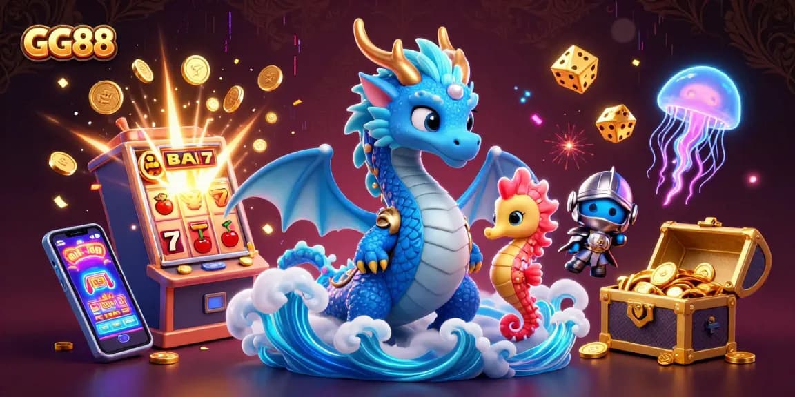 Experience vibrant GG88 gaming action with a cartoon dragon and thrilling casino elements.
