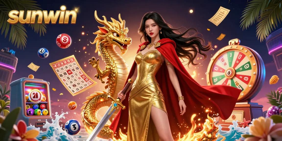 Win big at Sunwin with an exhilarating jackpot scene, featuring vibrant lottery elements and our warrior queen.