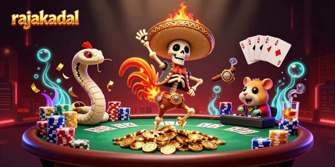 Gamer meraih kemenangan dengan rajakadal saat bermain di meja poker dengan chip warna-warni dan kartu.