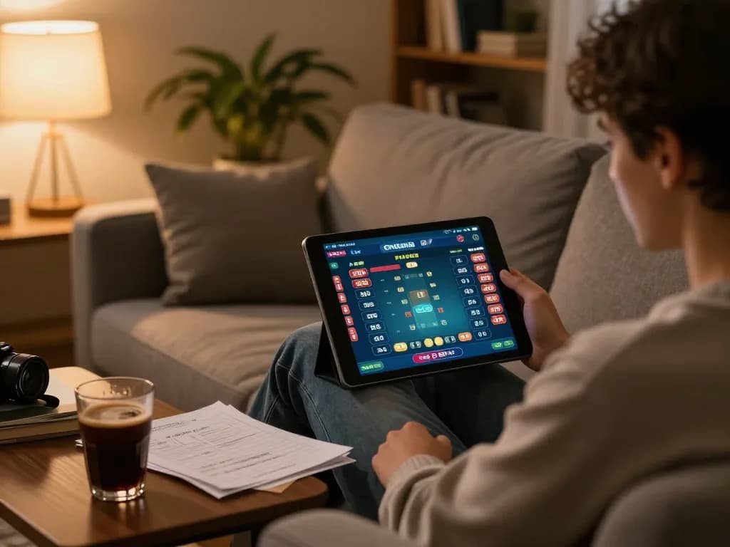 Lô đề online player strategizing on tablet in a cozy home setting with warm lighting