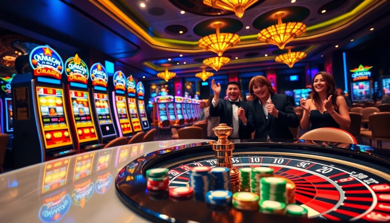 Experience the excitement of QQMacan with vibrant slot machines and joyful players celebrating wins.