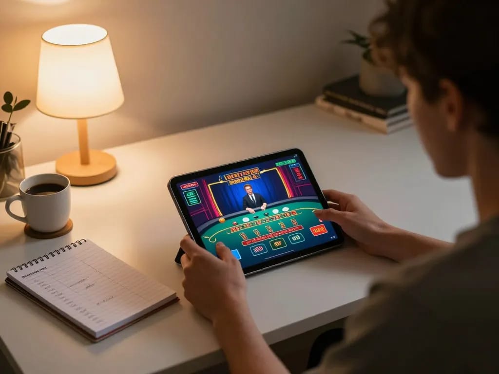w 88 players enjoying online blackjack on a tablet with vibrant graphics and cozy ambiance