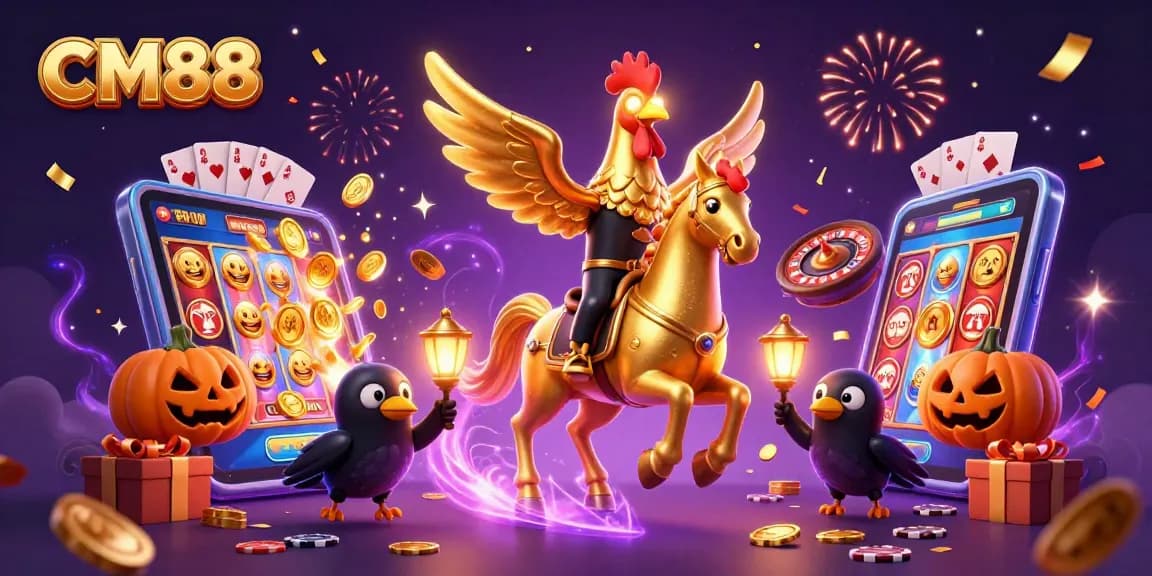 Experience the thrilling CM88 casino adventure with golden rooster and lanterns amid vibrant slot games.