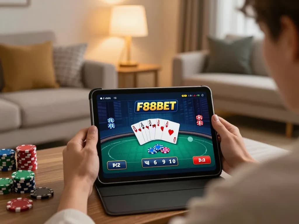 F88BET user enjoying an online poker game from a cozy home setup, showcasing strategic gameplay and responsible gaming.