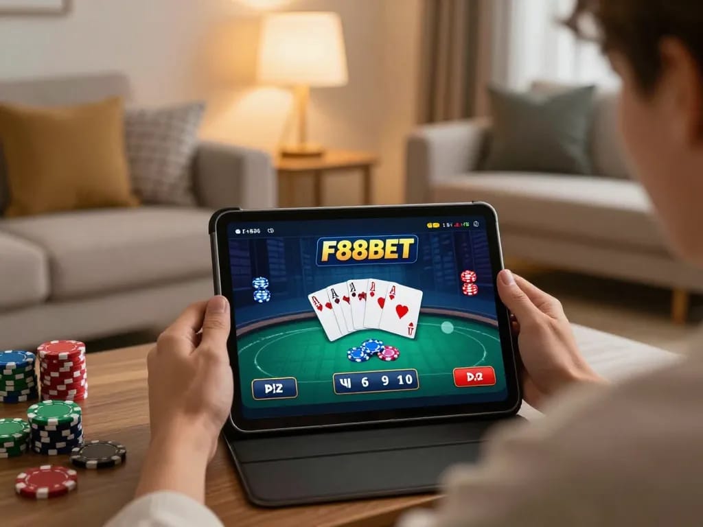 F88BET user enjoying an online poker game from a cozy home setup, showcasing strategic gameplay and responsible gaming.