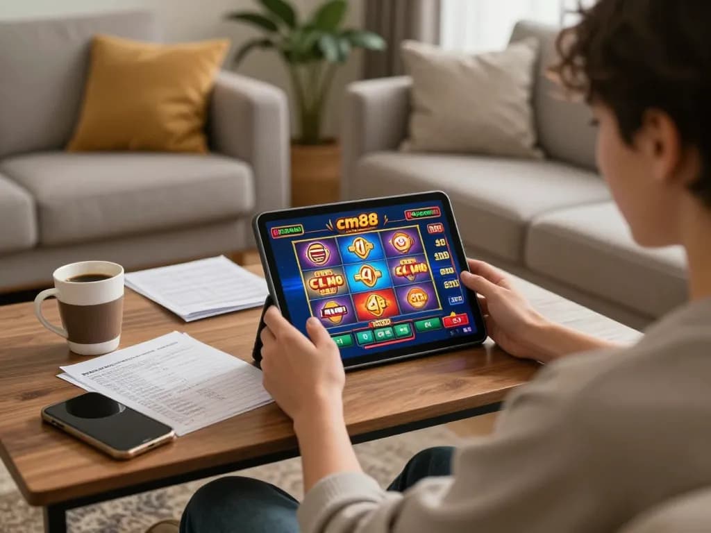 Playing slots on cm88 com while relaxing at home with a tablet, showcasing vibrant game graphics.