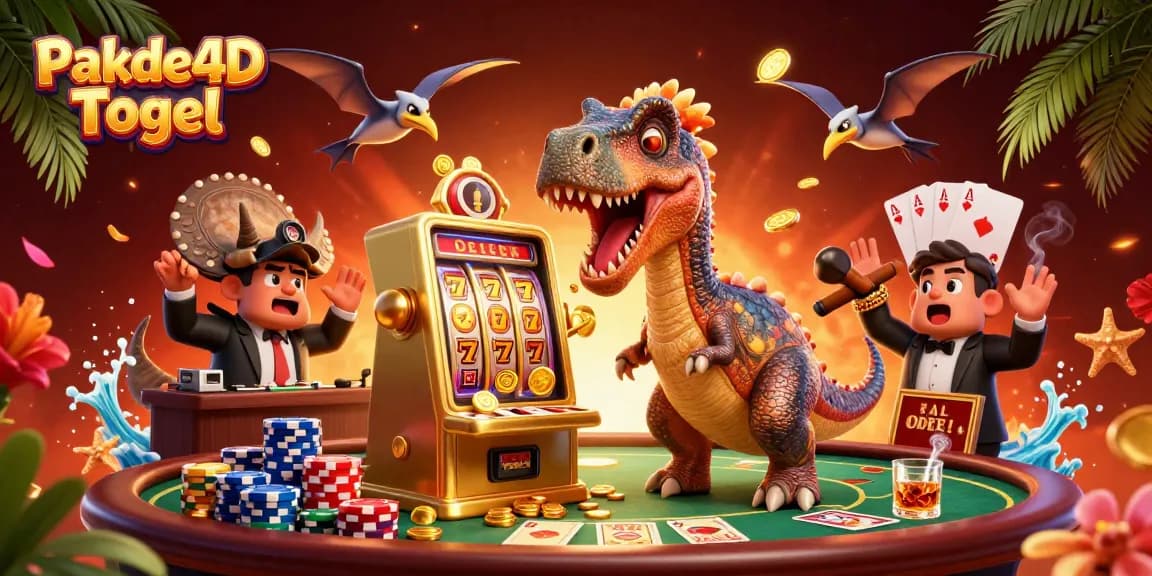 Pakde4D Togel showcases a cartoon dinosaur interactively engaging with a slot machine, capturing the excitement of gambling.