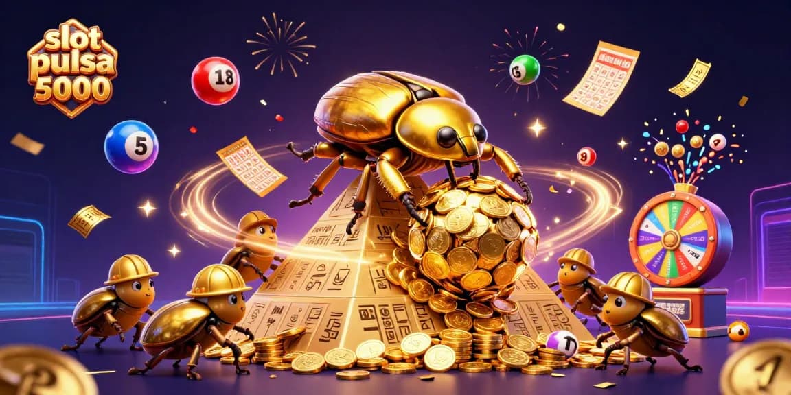 Permainan slot pulsa 5000 dengan simbol kasino berwarna dan koin emas dalam gambar 3D yang menarik.