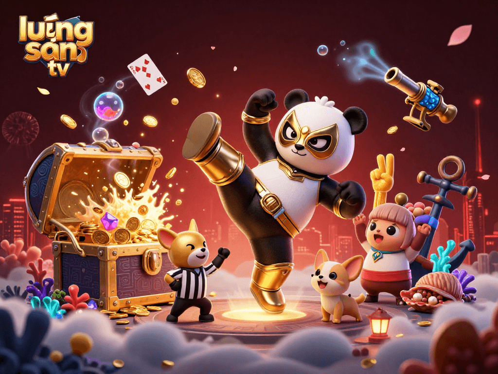 Experience the thrill of lương sơn tv as panda fighter kicks through vibrant casino scenes with treasures and excited fans.