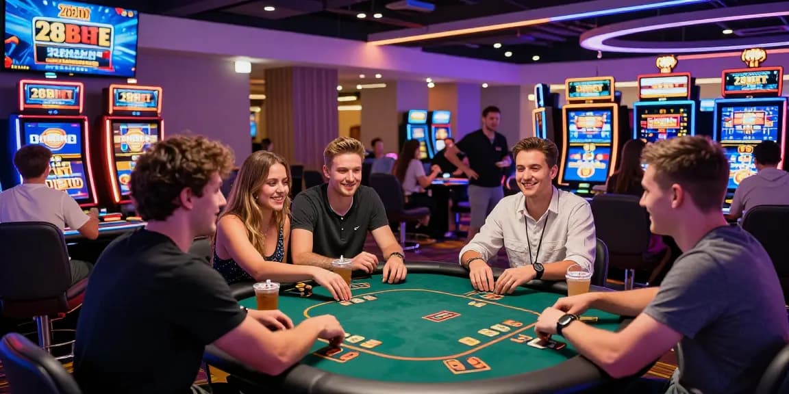 Exciting gaming atmosphere at 28BET showcasing players enjoying various casino games.