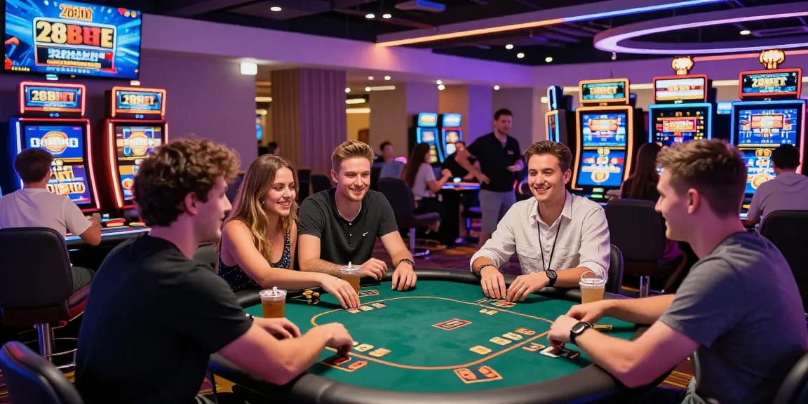 Exciting gaming atmosphere at 28BET showcasing players enjoying various casino games.