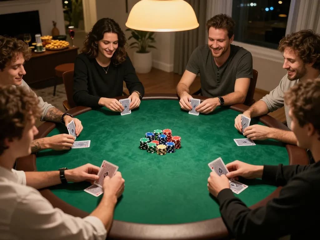 Players enjoying a fun game at Go8 poker night, featuring colorful stacked chips and engaged hands.