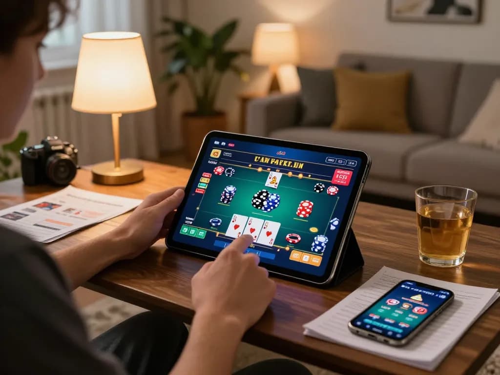 Engaging online gaming scene with cm88 com on tablet showing poker game and strategy notes.