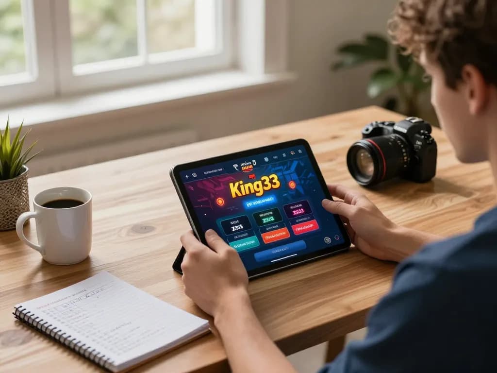 Player engaging with king33 casino app in modern home office for online gambling