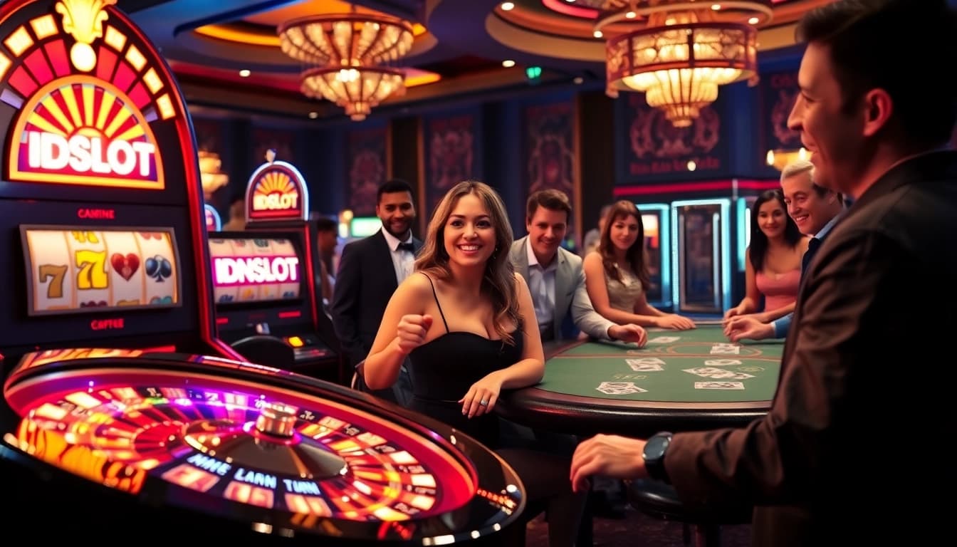 Excited players winning on IDNSLOT slot machines inside a vibrant casino.