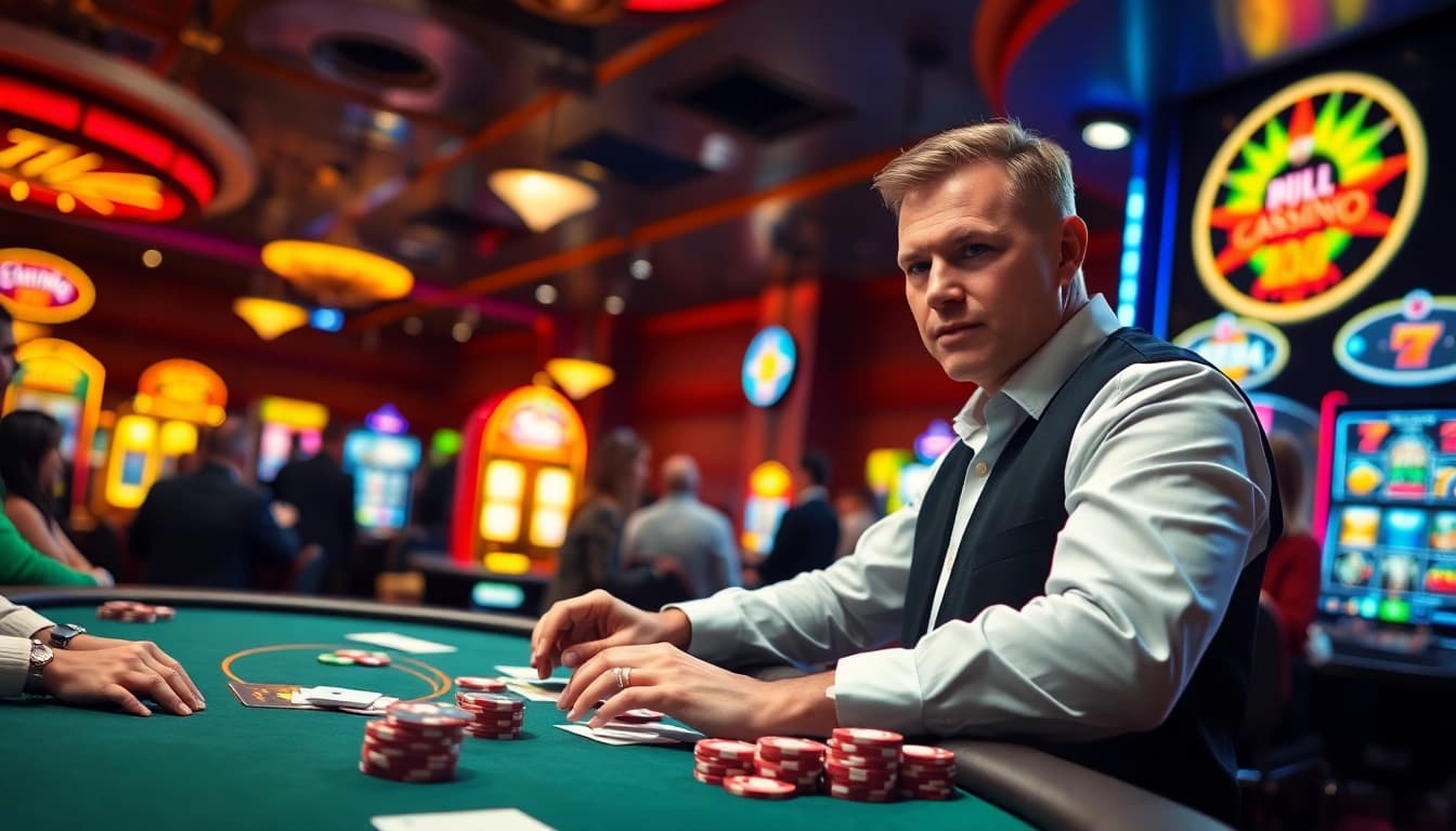 Main dealer at a bbni4d poker table engaging players with vibrant casino ambiance.