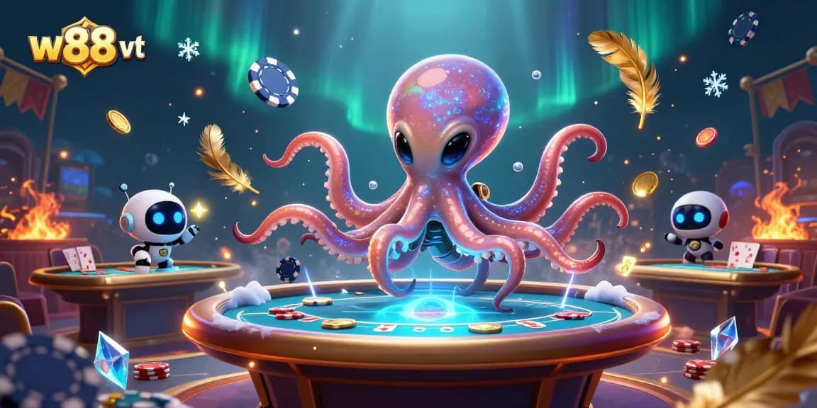 Trải nghiệm casino độc đáo cùng w88 vt với bàn poker lấp lánh và người bạn robot.
