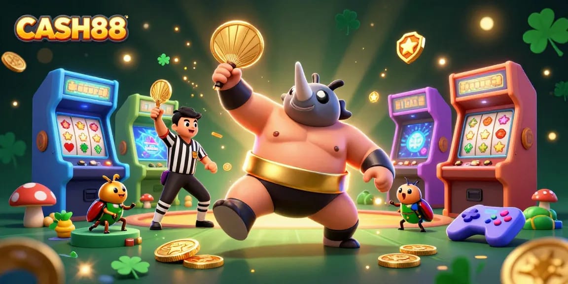 CASH88 features a cartoon rhinoceros beetle sumo champion celebrating wins amidst a burst of colorful casino game elements.