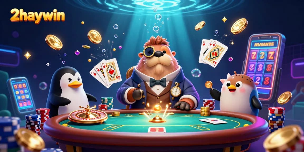Experience the thrill at 2haywin with a jolly walrus playing poker underwater alongside animated characters.