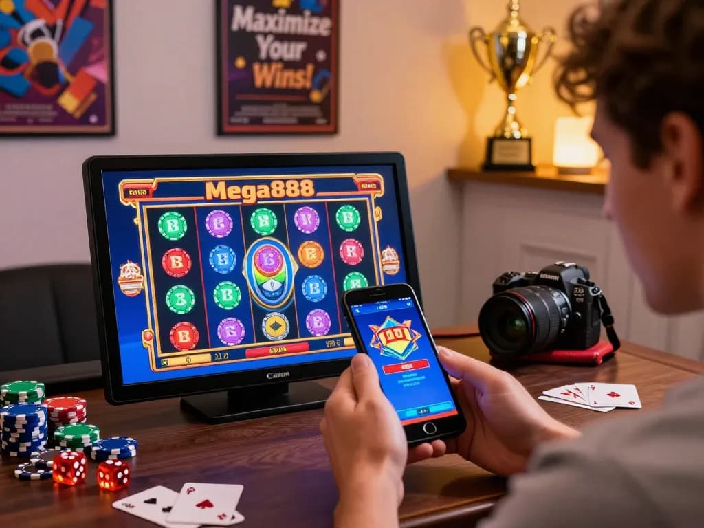 Joyful player maximizing free credit Mega888 at vibrant gaming setup with smartphone and tokens.