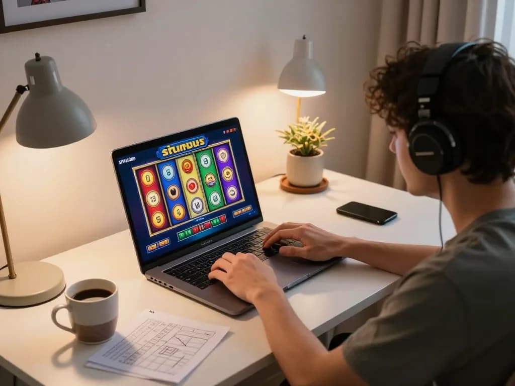 Situs slot online gaming session on a laptop with player focused on vibrant reels and strategy notes