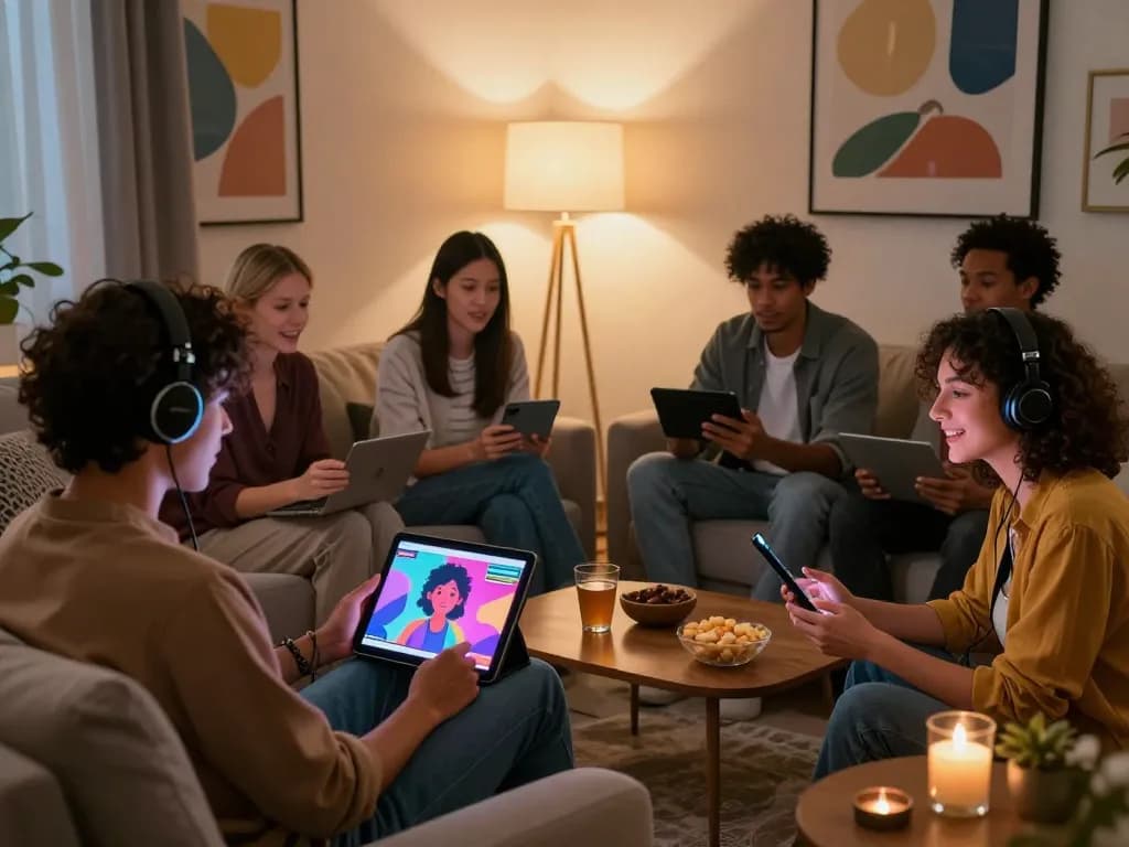 Engaging 18+ ai chat scene with diverse adults interacting with lifelike AI avatars in a cozy setting.