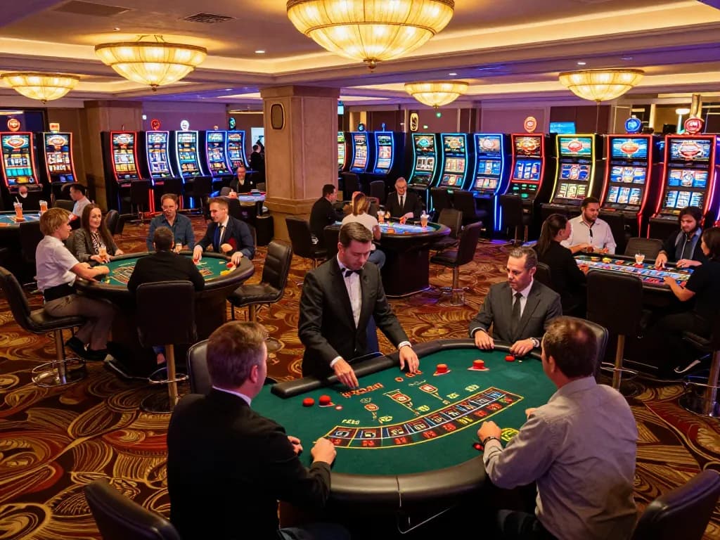 Players at AF88 casino enjoying enchanting evening gameplay amid vibrant decor and lighting.