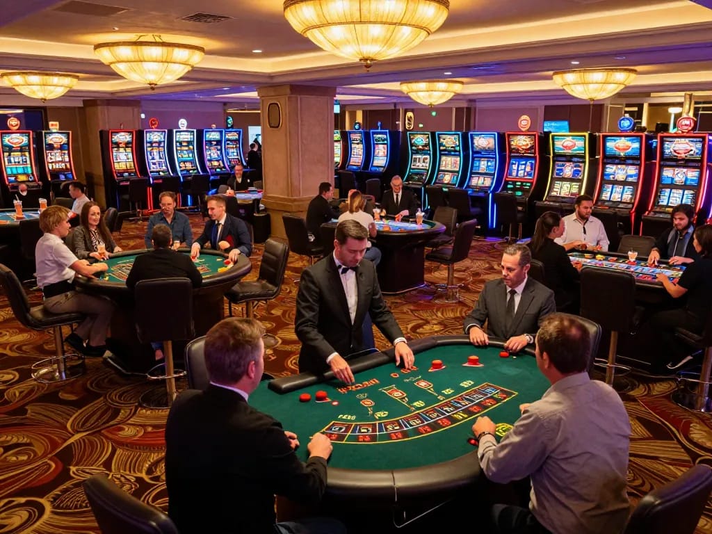 Players at AF88 casino enjoying enchanting evening gameplay amid vibrant decor and lighting.