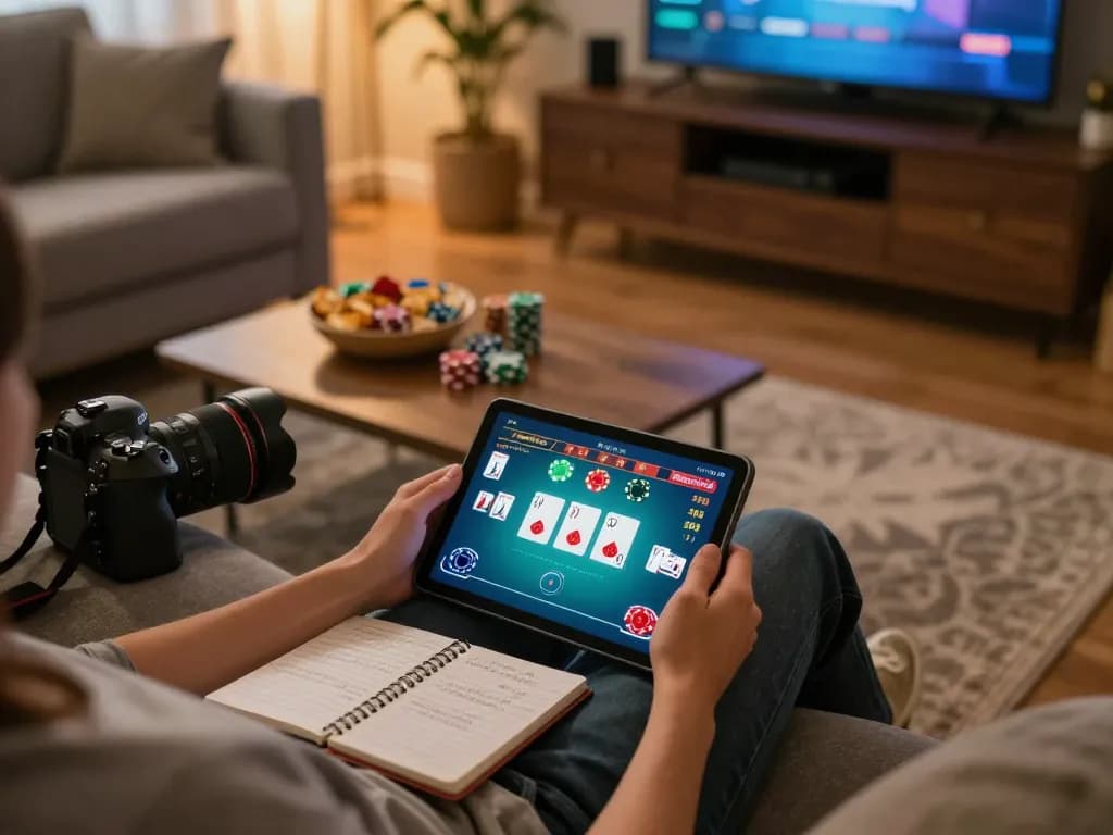 Engaging in a poker game on 789win com, showcasing an inviting home gaming atmosphere with strategic notes.