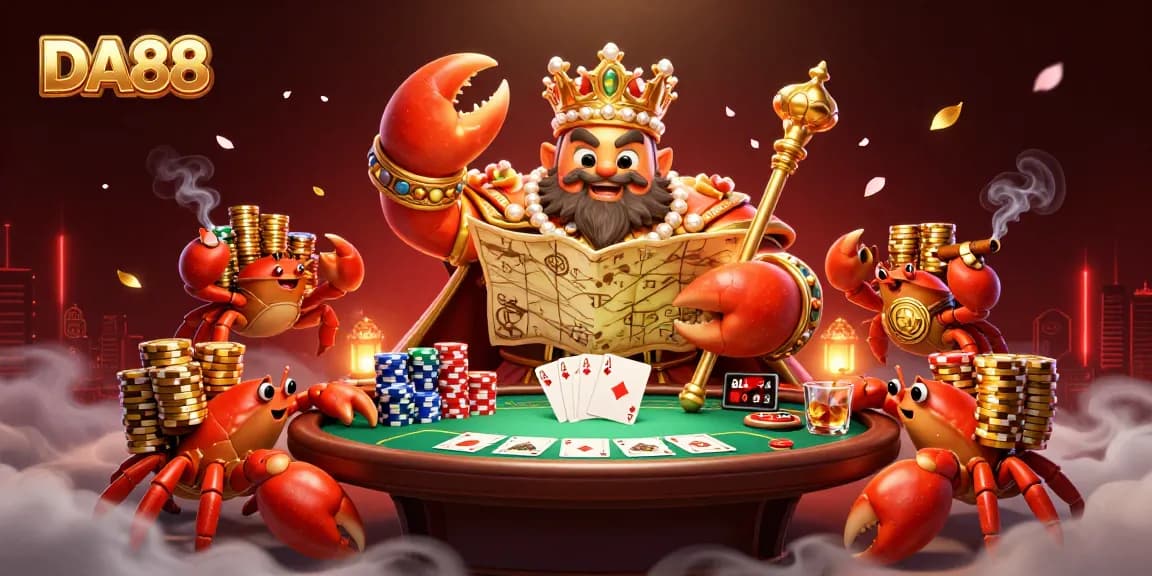 Experience DA88’s thrilling essence with a 3D crab emperor at a vibrant poker table.