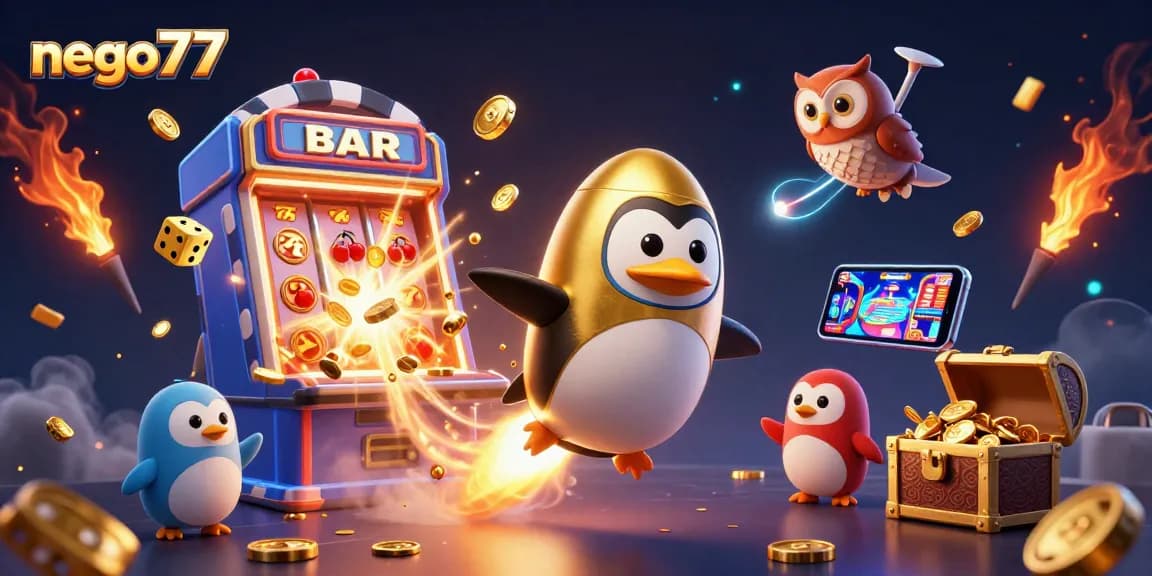 Experience thrilling wins in nego77's vibrant casino world with 3D penguin, slot machines, and colorful game elements.