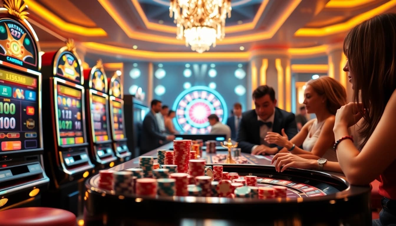 Experience the excitement of luxury12 with a vibrant luxury casino scene showcasing slot machines and gaming tables.