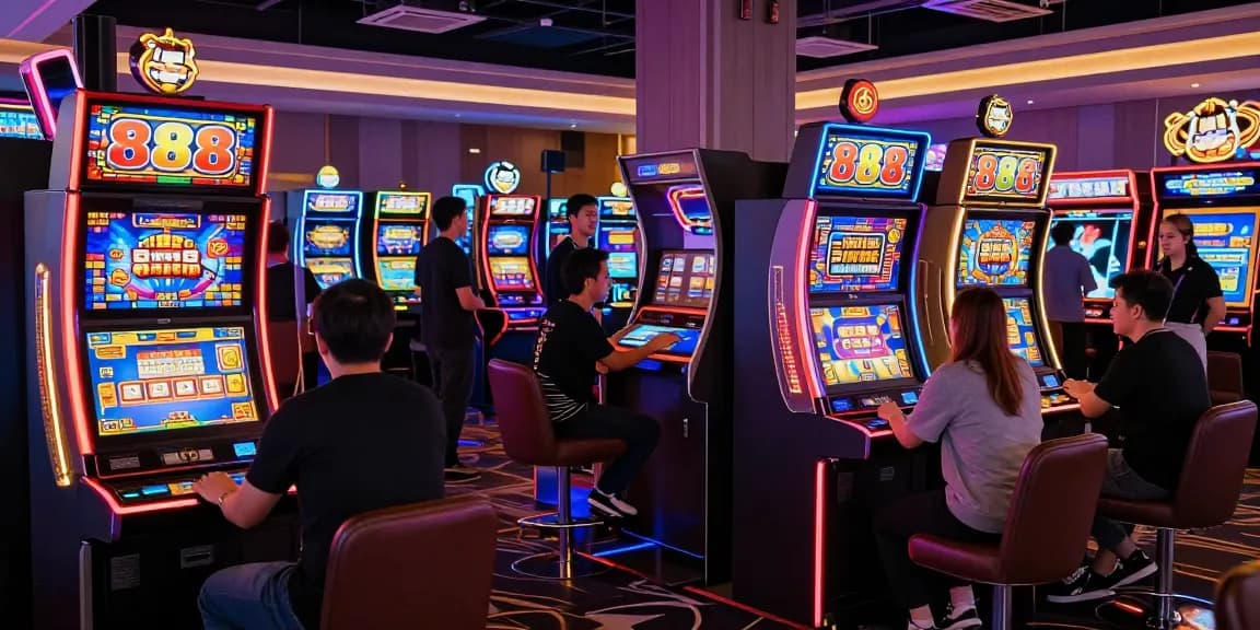 Permainan 888 slots yang menggembirakan di arcade kasino, dengan pemain meriah.